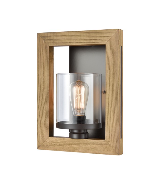 WALL Int S/M ES RECT Frame Chestnut Wood CLR Glass Shade