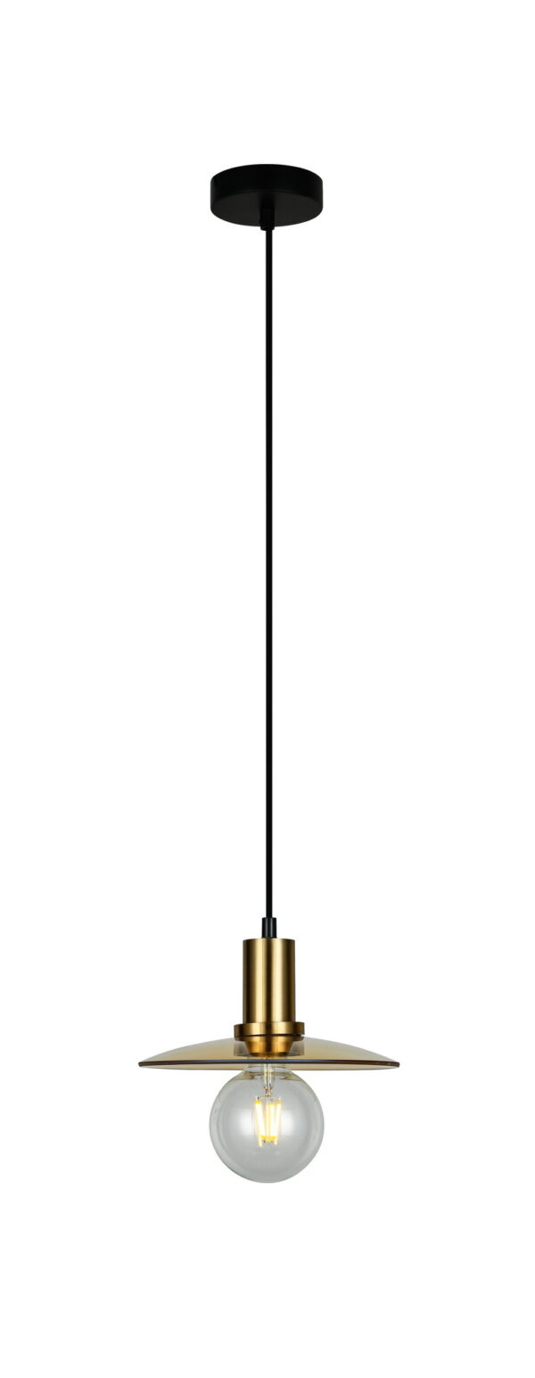 PENDANT ES Amber Glass Coolie w/Ant. Brass Highlight OD220mm