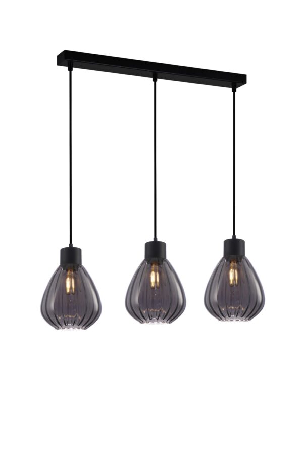 PENDANT ES 3X72W BLK Smoke Wine Glass Ribbed SQ Base