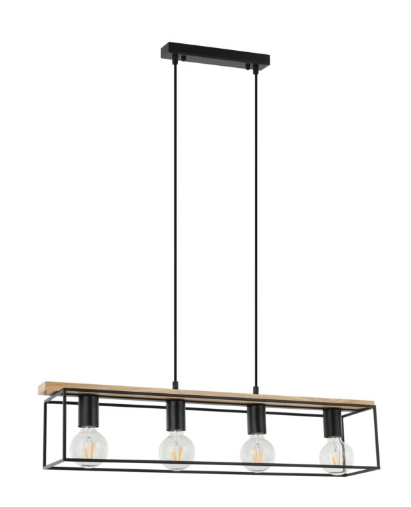 PENDANT ESx4 Rect Natural Wood  Blk Hardwire Iron L 800 mm